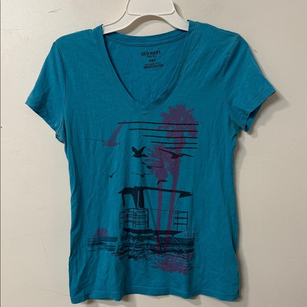 Old Navy Teal V-Neck Graphic Tee 2012 Y2K